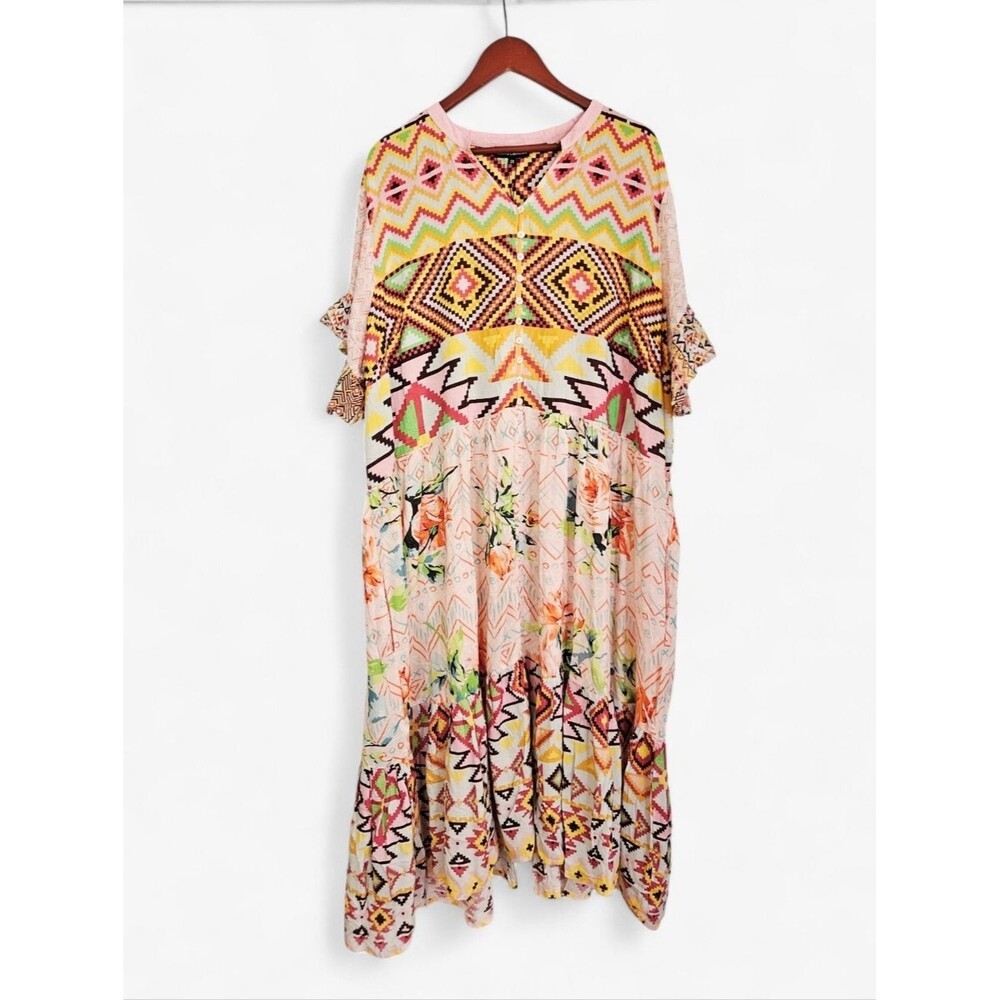 NWT Tolani Collection Corinna Lightweight Pink Tribal Print Kaftan Midi Dress 2X